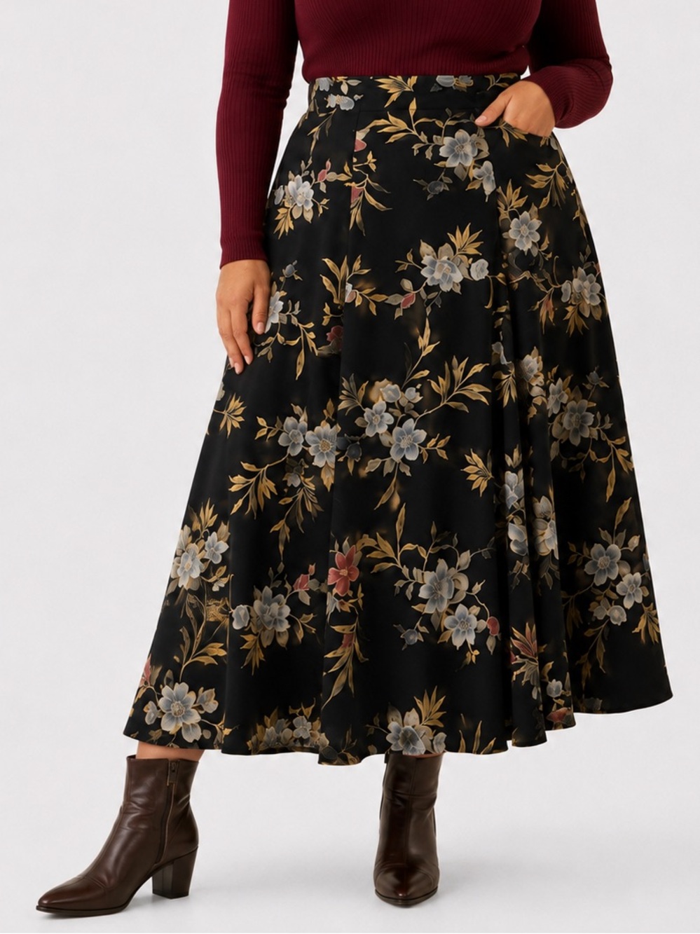 Vintage 90s Black Floral Full Maxi Skirt Estimated US 12 L-XL 34” elastic waist